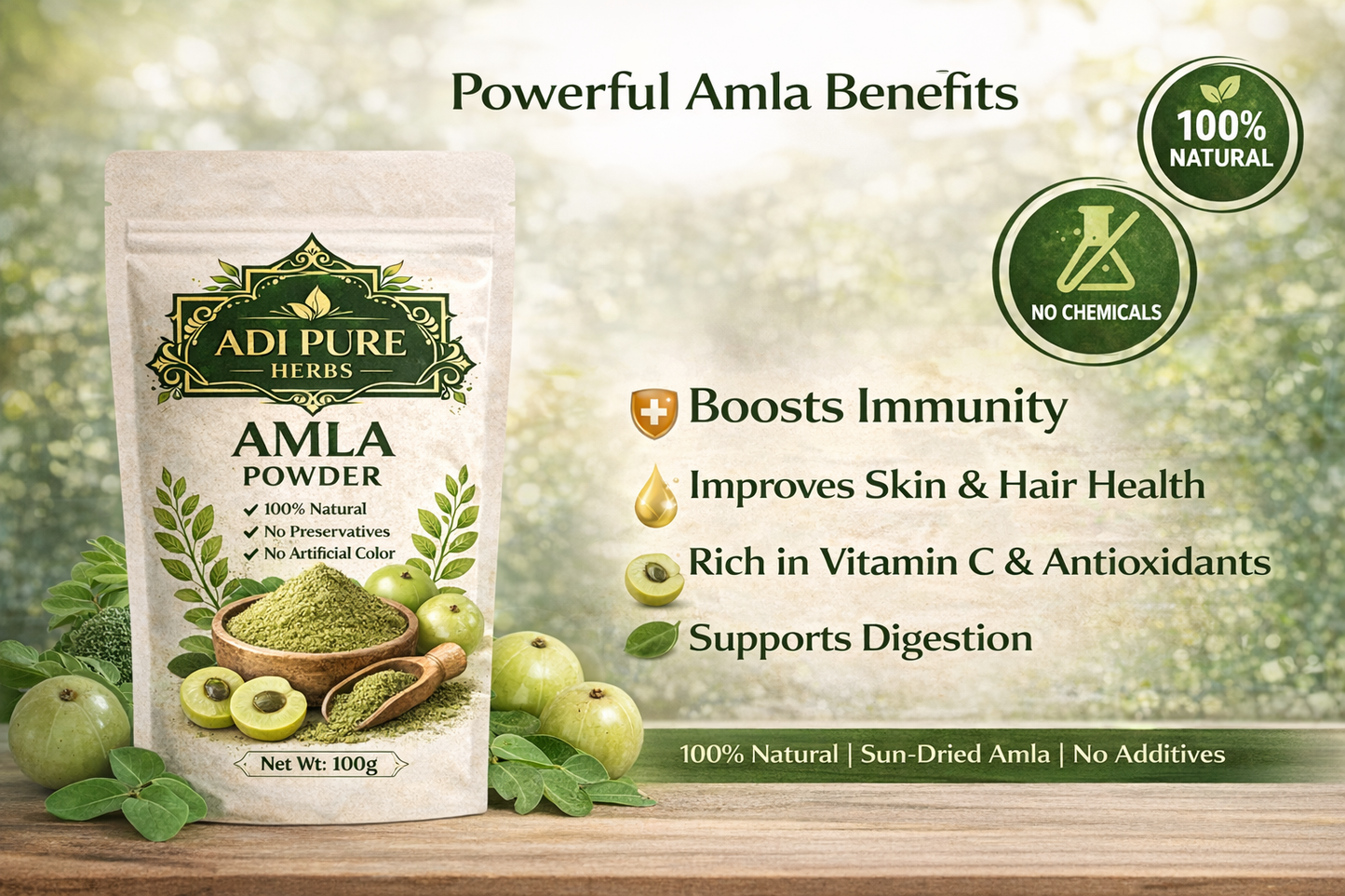 Adi Pure Herbs Amla Powder | 100% Natural & Sun-Dried | Rich in Vitamin C | Skin, Hair & Immunity Support | 100g