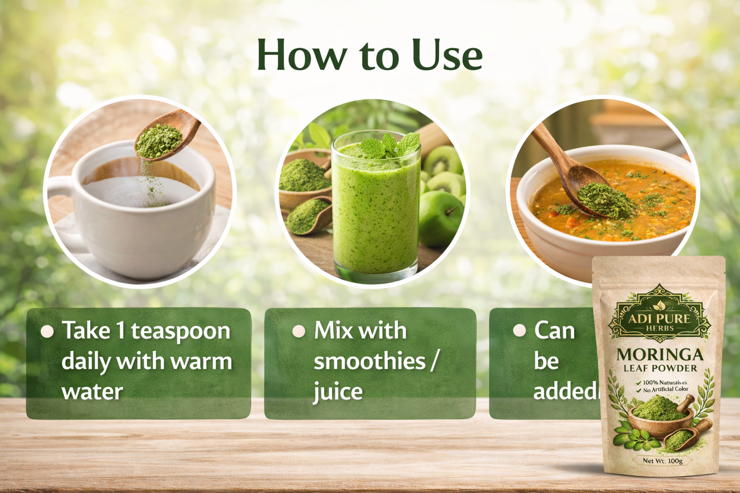 Adi Pure Herbs Moringa Powder | 100% Natural & Sun-Dried | Immunity & Energy Support | 100g