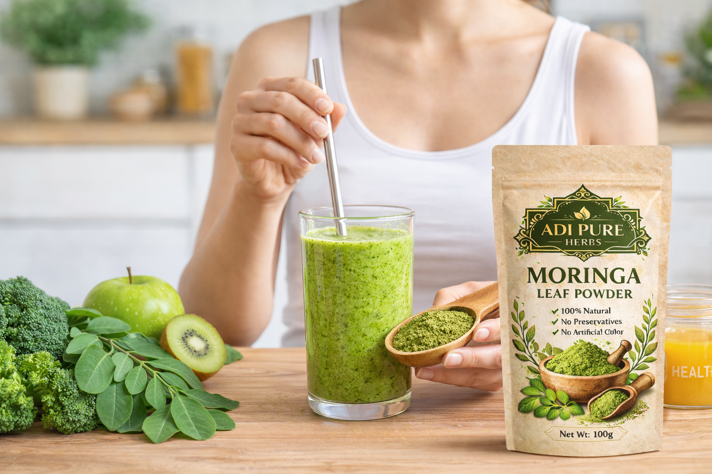 Adi Pure Herbs Moringa Powder | 100% Natural & Sun-Dried | Immunity & Energy Support | 100g