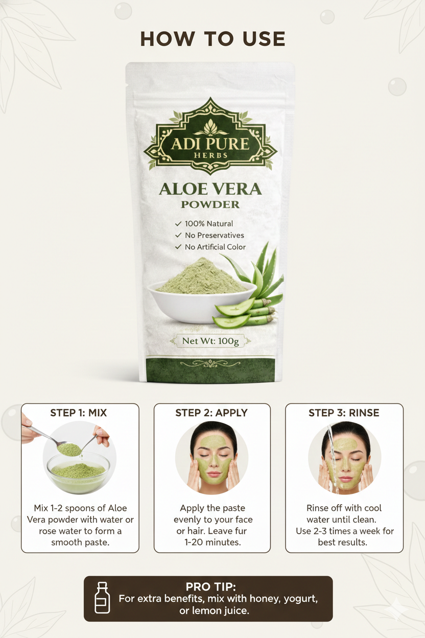 Aloe Vera Powder for Face & Hair Growth – 100% Natural & Chemical Free – Adi Pure Herbs – 200g