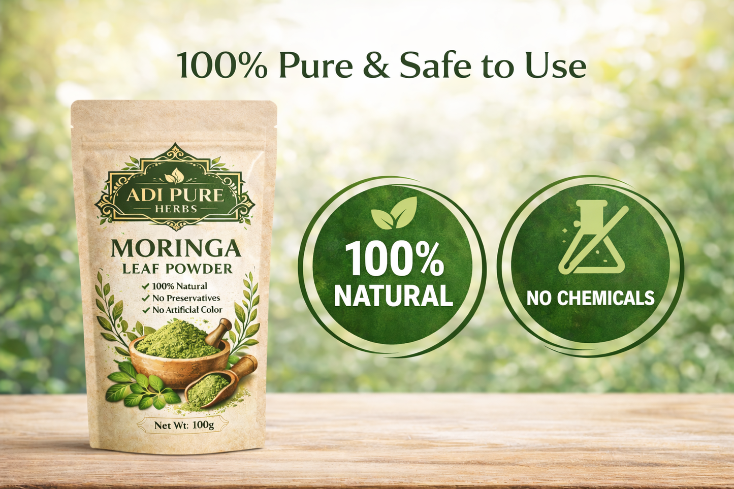 Adi Pure Herbs Moringa Powder | 100% Natural & Sun-Dried | Immunity & Energy Support | 100g