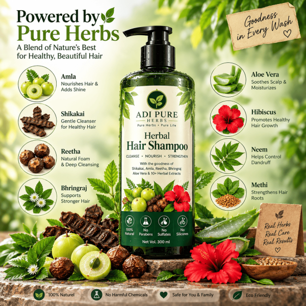 Herbal Hair Shampoo 100ml | Shikakai, Amla & Reetha | ADI PURE HERBS